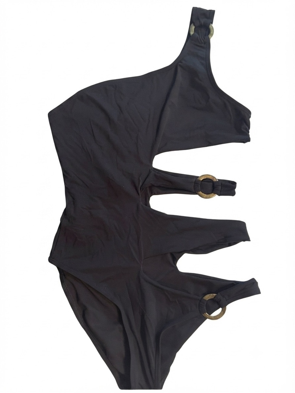 Black One-Shoulder Cutout One-Piece Swimsuit with Ring Accents
